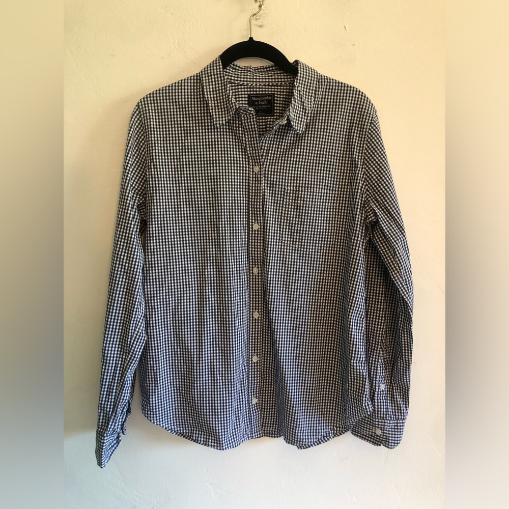 Abercrombie & Fitch Blue/White Plaid Long Sleeve Button Down SZ L Logo Pocket